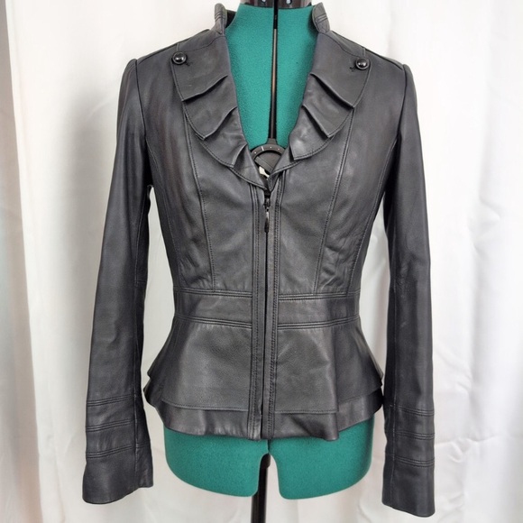WHBM BLACK REAL GENUINE LEATHER RUFFLE LAPEL LINED ZIP UP JACKET SIZE XS